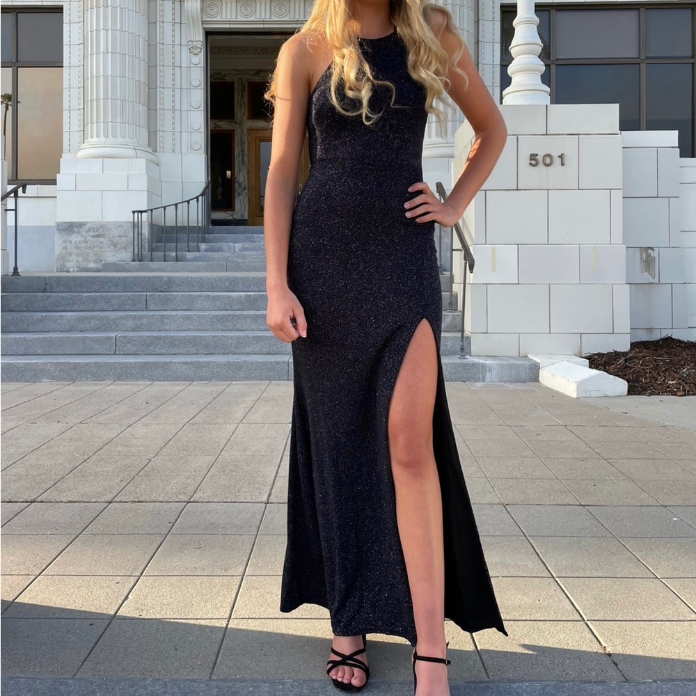 David’s Bridal Black high neck glitter sheath dress with slit size Small